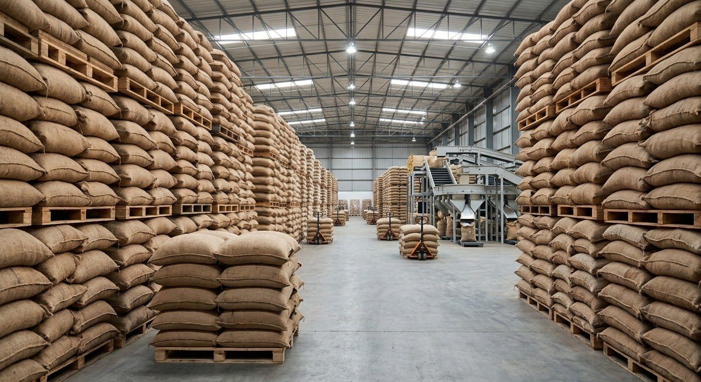 Stacked jute sacks of green coffee on pallets in a warehouse