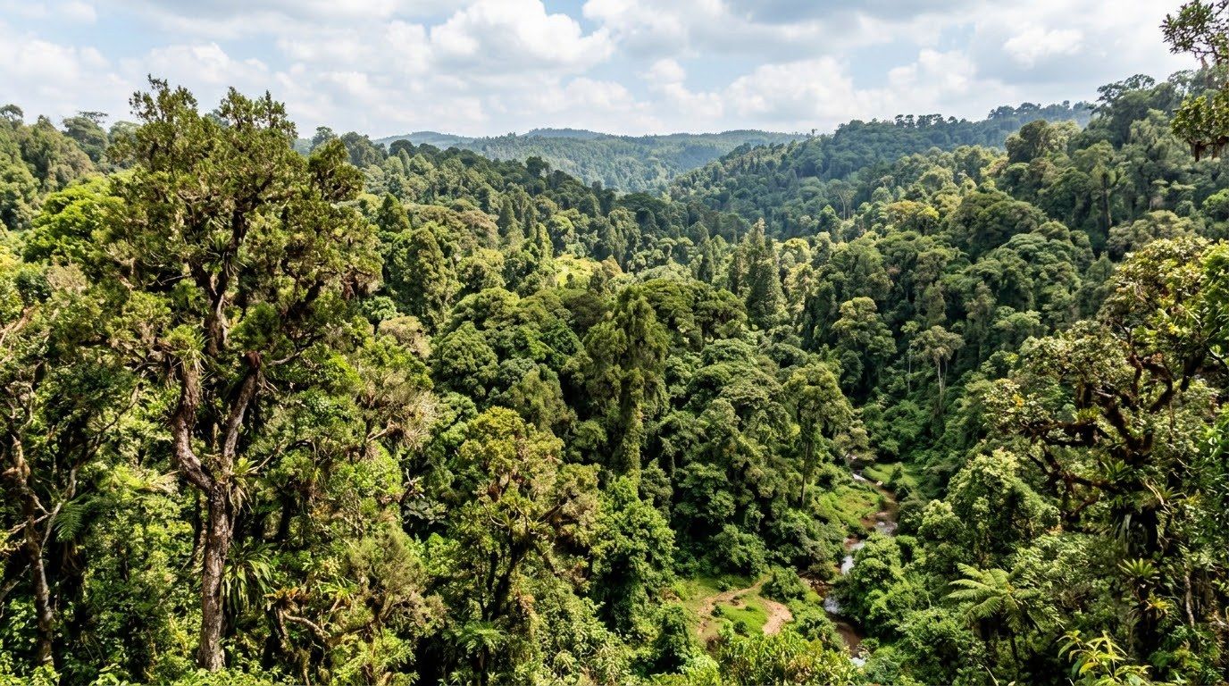 A wide valley of green highland forest