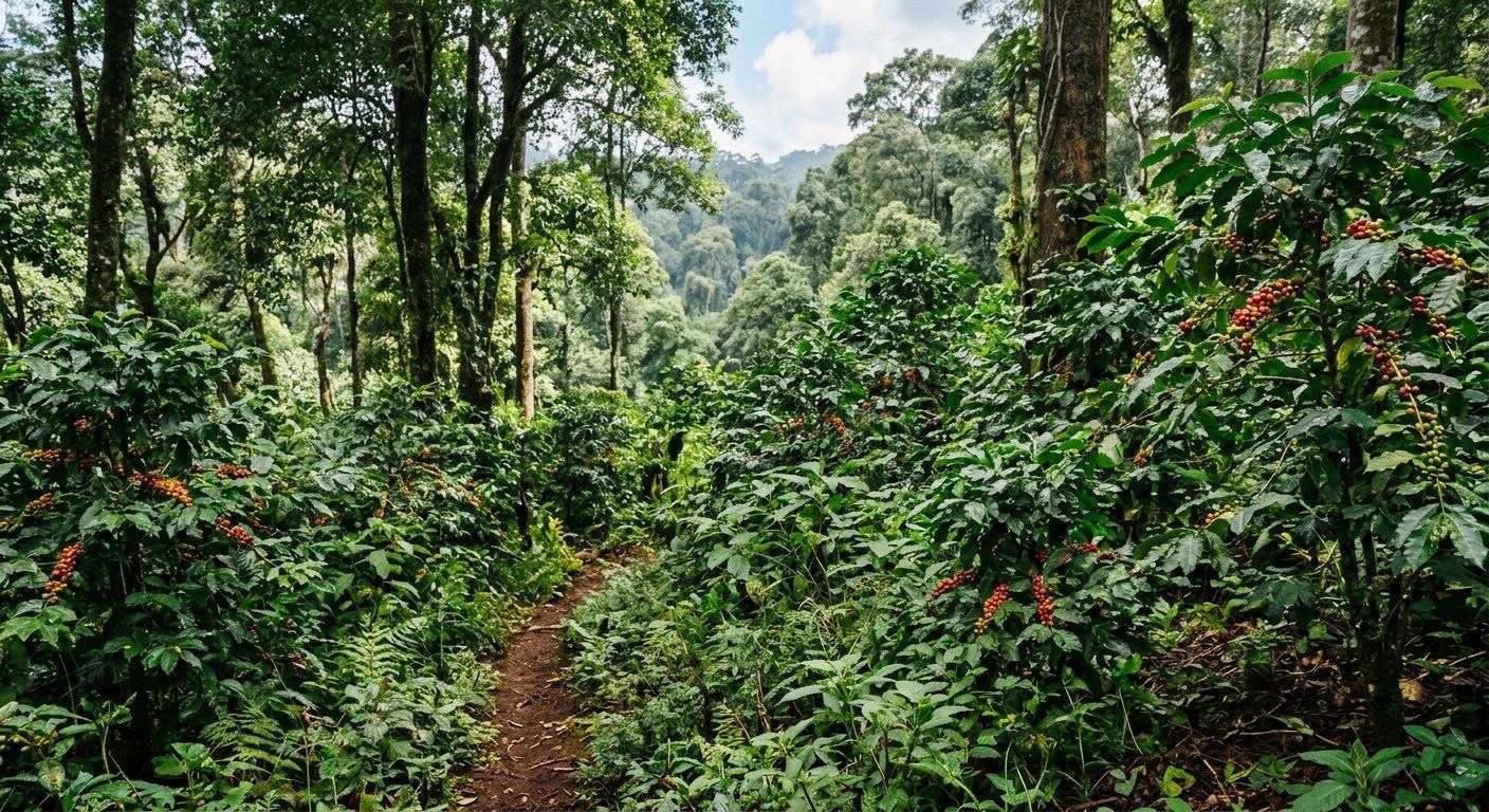 A path through shaded forest coffee with ripening cherries