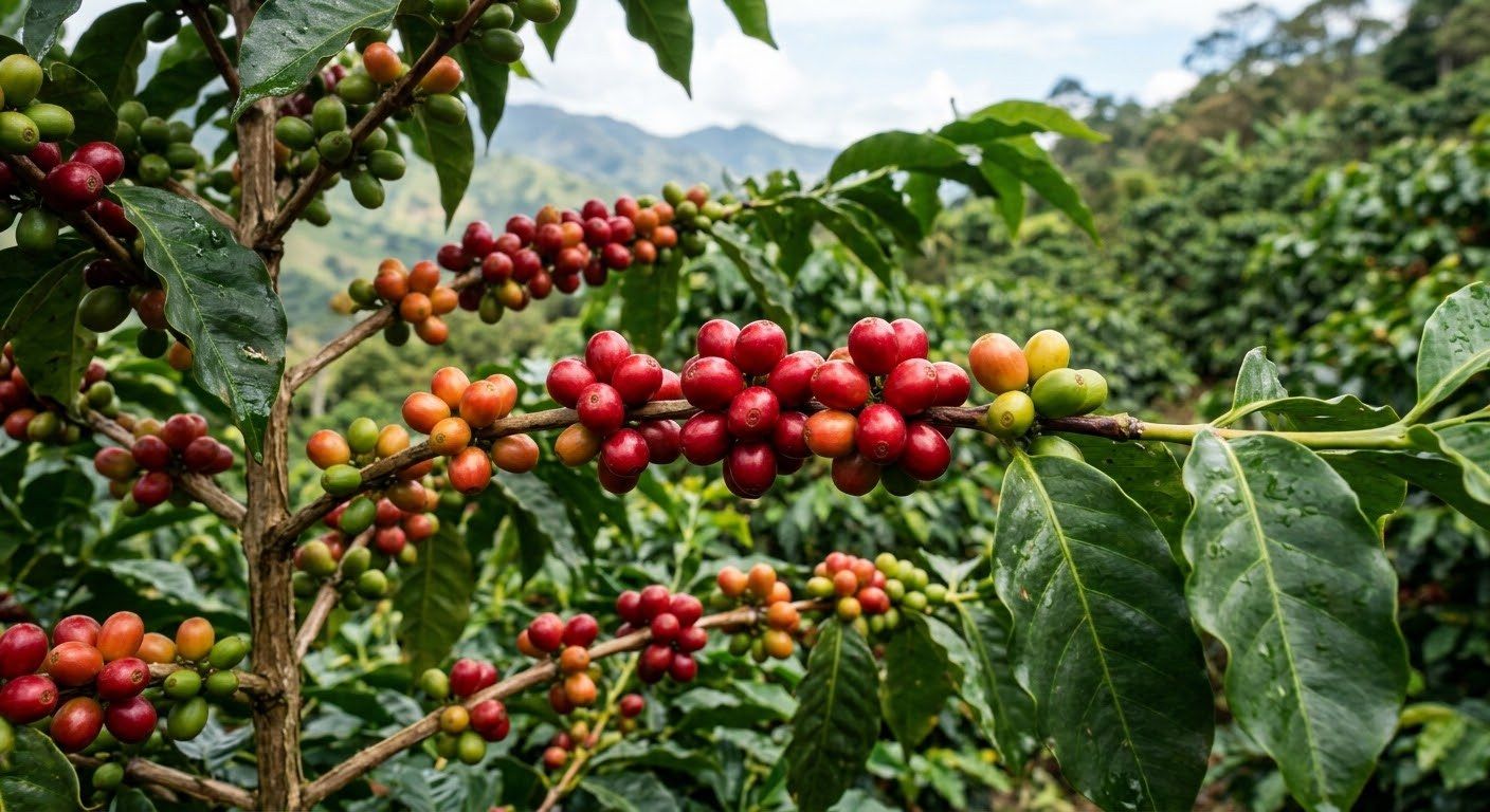 Clusters of red and ripening coffee cherries on the branch