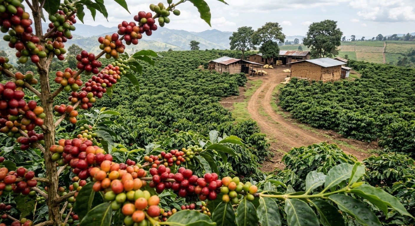 Ripe coffee cherries on the branch, with a coffee farm and hills beyond
